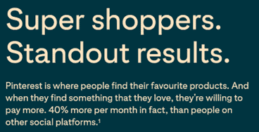 Pinterest Shop Setup: Super Shoppers. Standout Results. Text block.